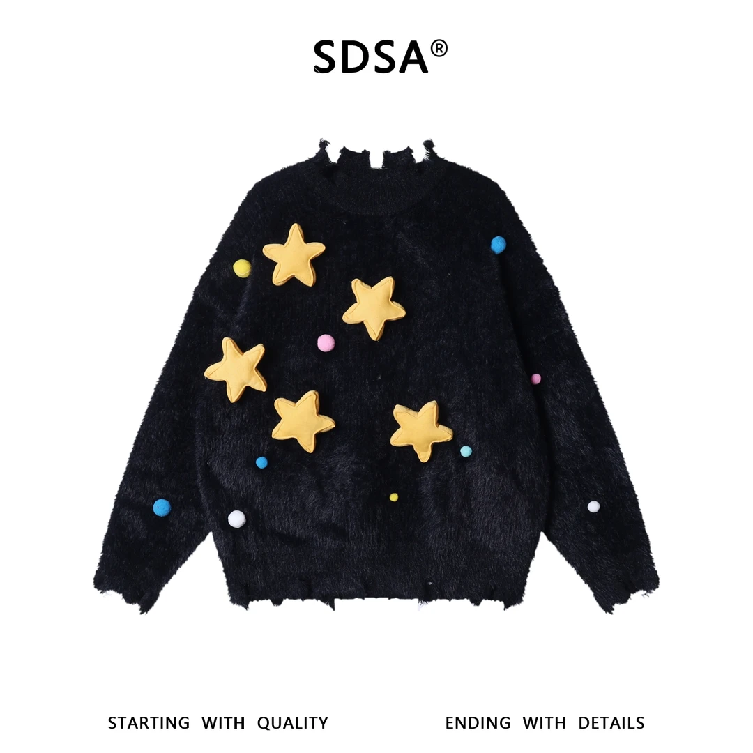 SDSA男士秋冬新款痞帅男装美式立体星星设计撞色针织毛衣情侣百搭