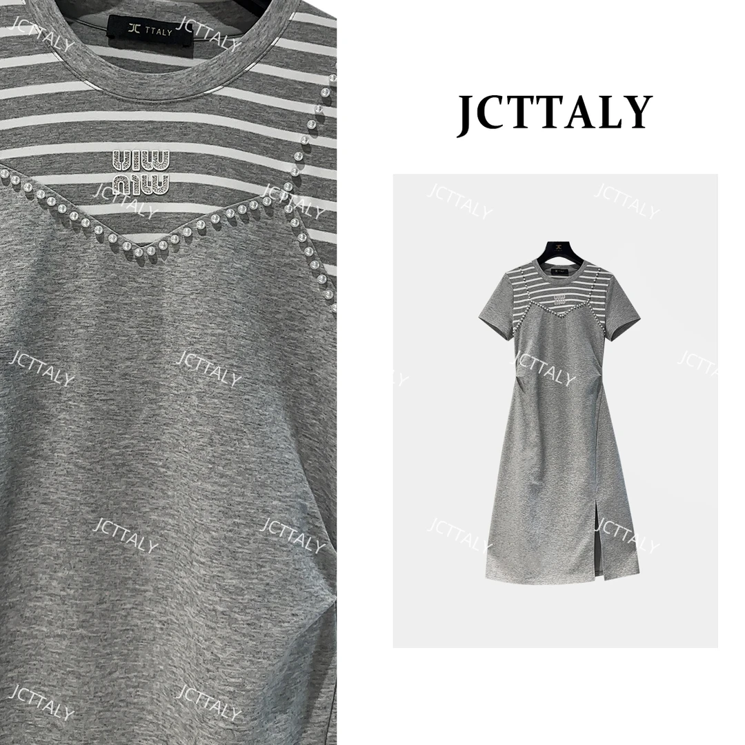 【宠粉价】简约气质条纹钉珠开衩收腰夏季新款连衣裙女JC-A4183