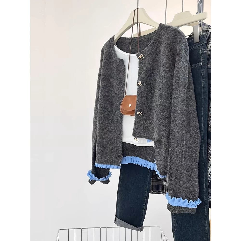 灰色蝴蝶结假两件拼接针织开衫女春秋季2025新款毛衣外套秋冬上衣