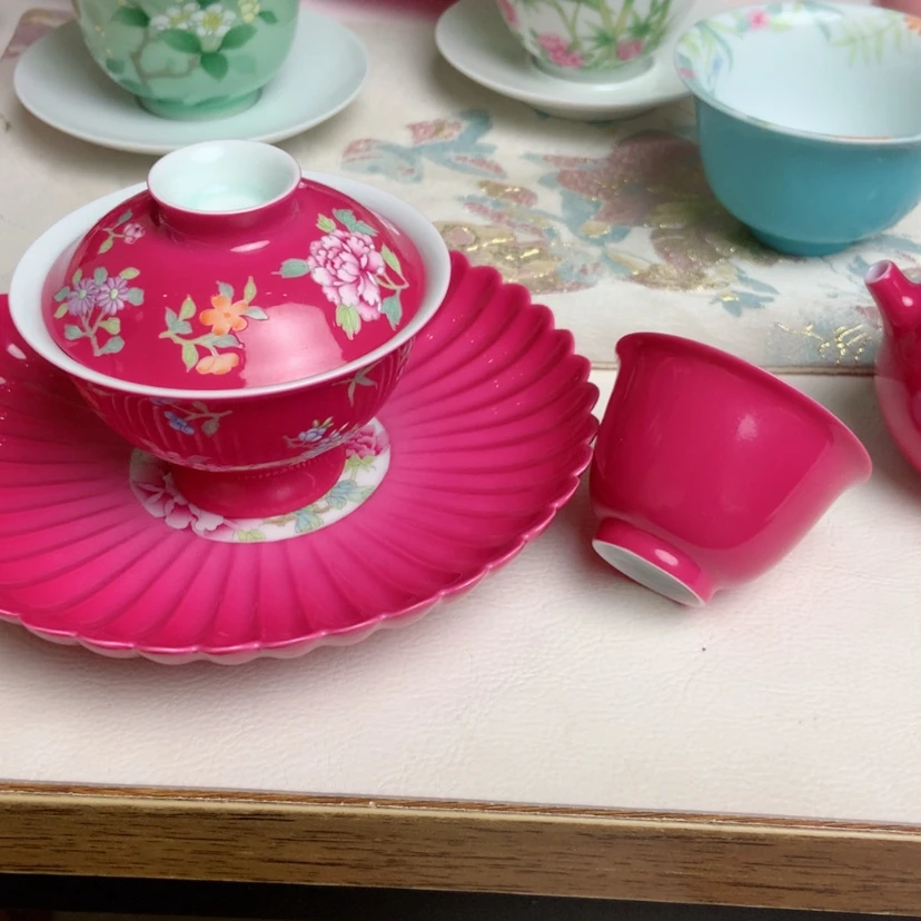 【闪购商品】屏胭脂红杂花手绘壶承三件套