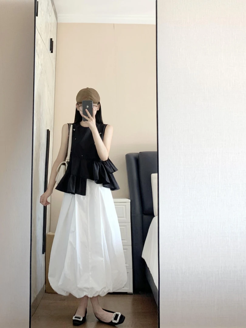 2025夏季新款不规则钉珠荷叶边无袖衬衫女百搭花苞半身裙两件套装