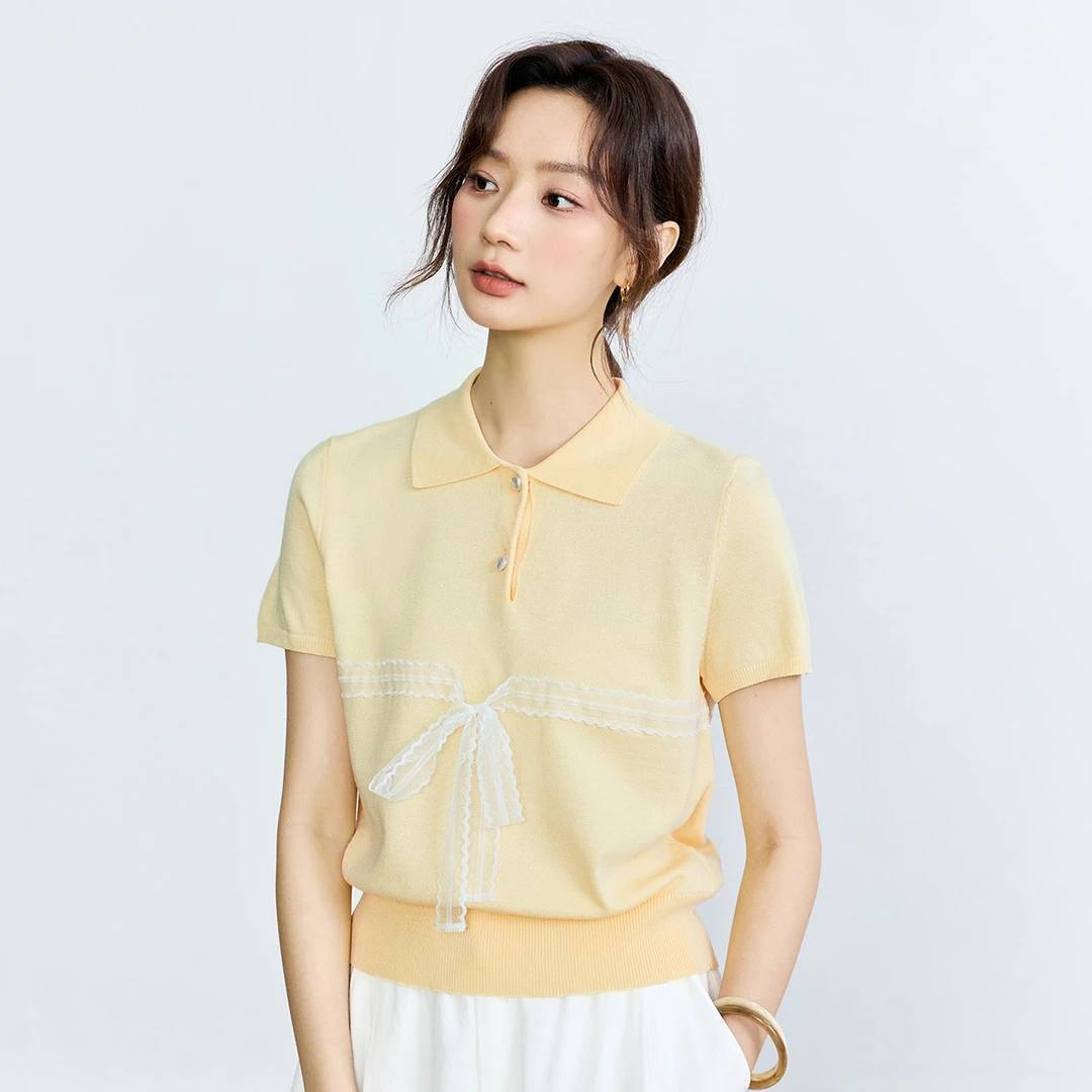 冰爽丝POLO领薄针织衫女2025夏季蕾丝蝴蝶结百搭短袖上衣