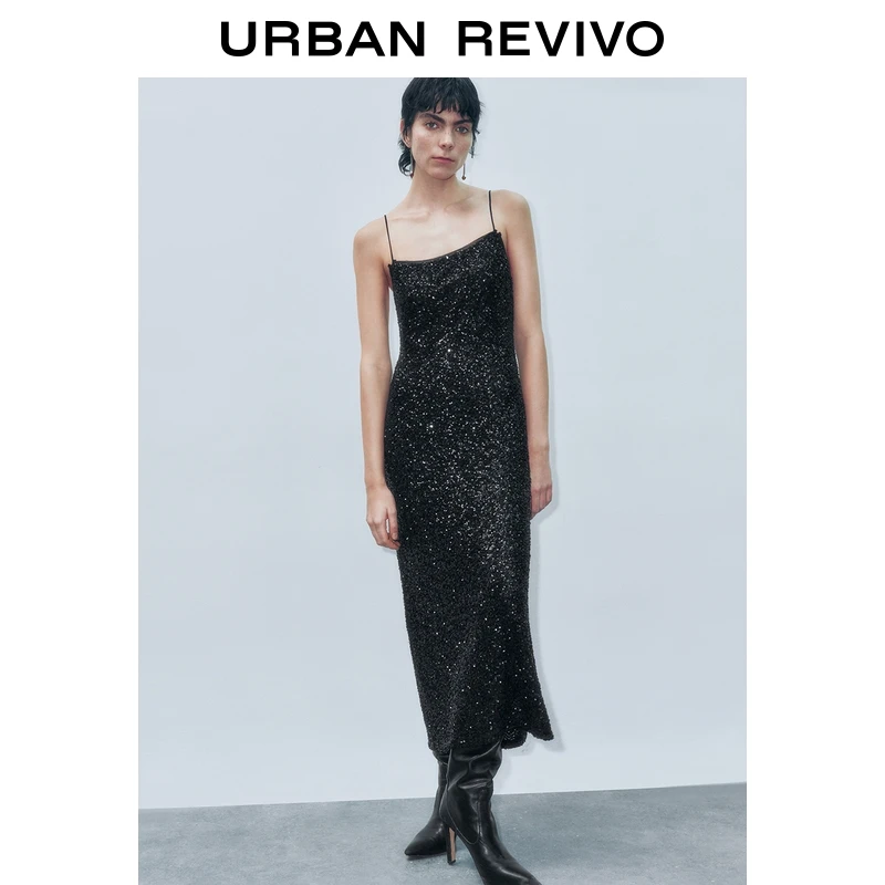 UR2025秋季新款女装气质魅力亮片修身吊带连衣裙UWG750209+