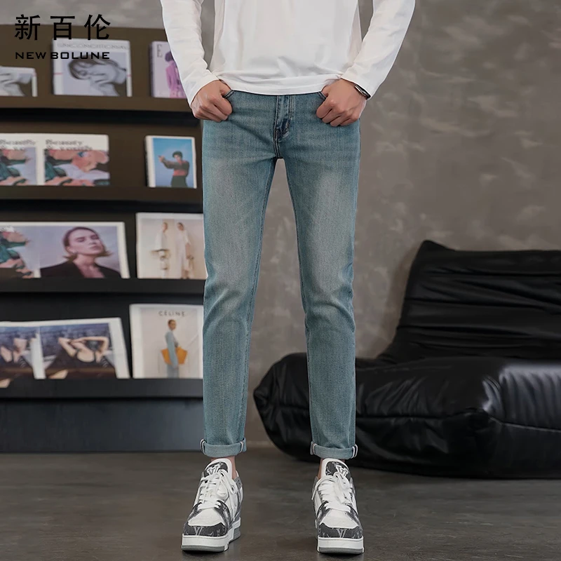新百伦春夏九分男士牛仔裤2025新款百搭修身直筒浅色男款轻奢裤子