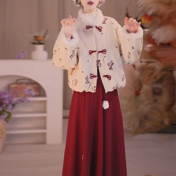 【红枝暮雪】冬季厚款连理枝盘扣外套立体手工花加绒半裙时尚套装