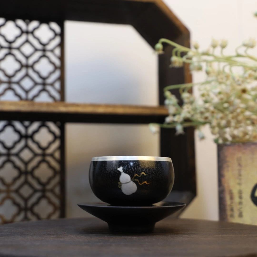 天目釉手绘银葫芦罗汉杯加杯垫套组