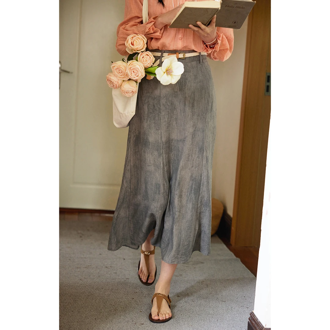 solighter法式复古亚麻高腰a字半身裙女夏季5I0324Q14X1