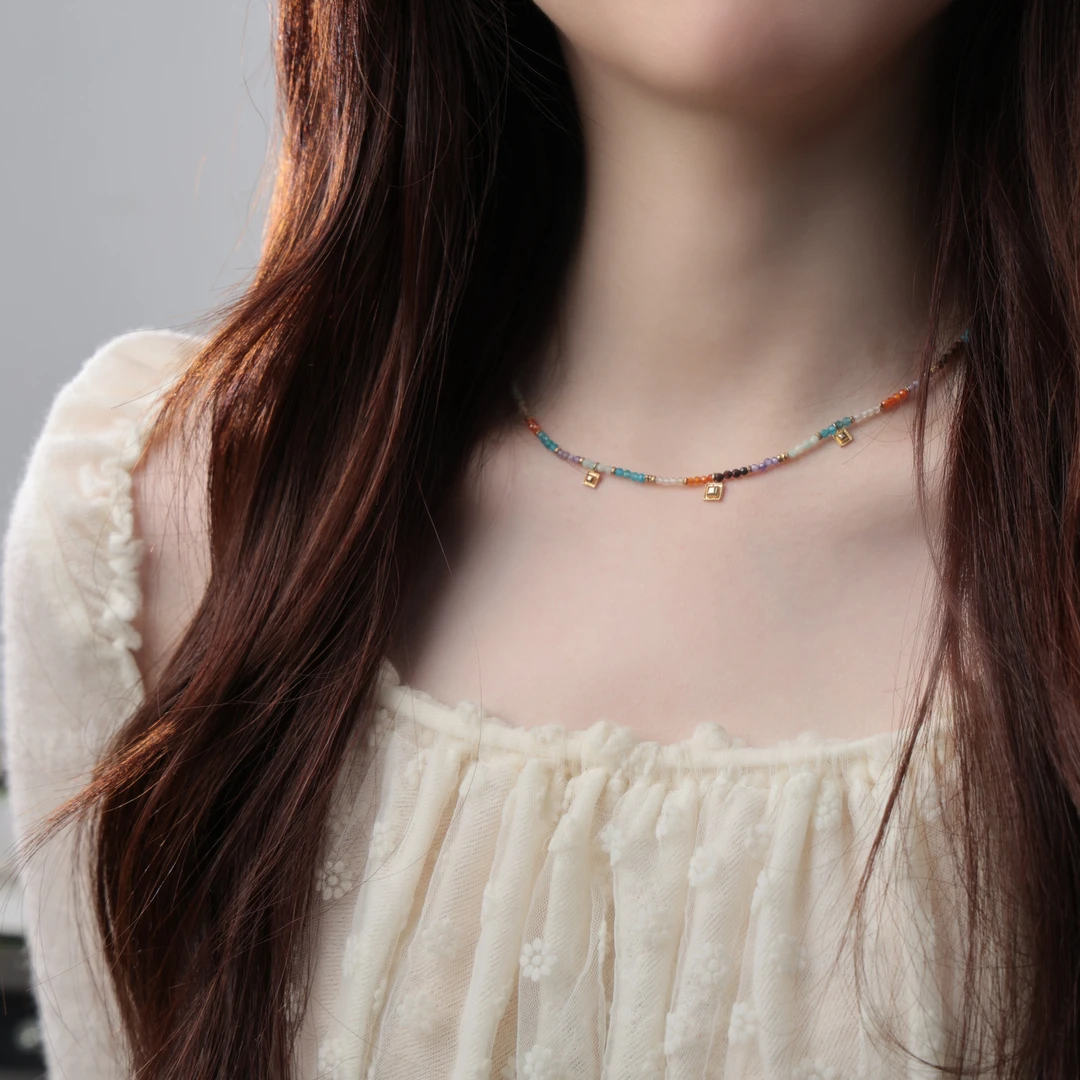 吊坠925银 新款夏天清新ins锁骨链原创设计简约彩色颈链项链饰品