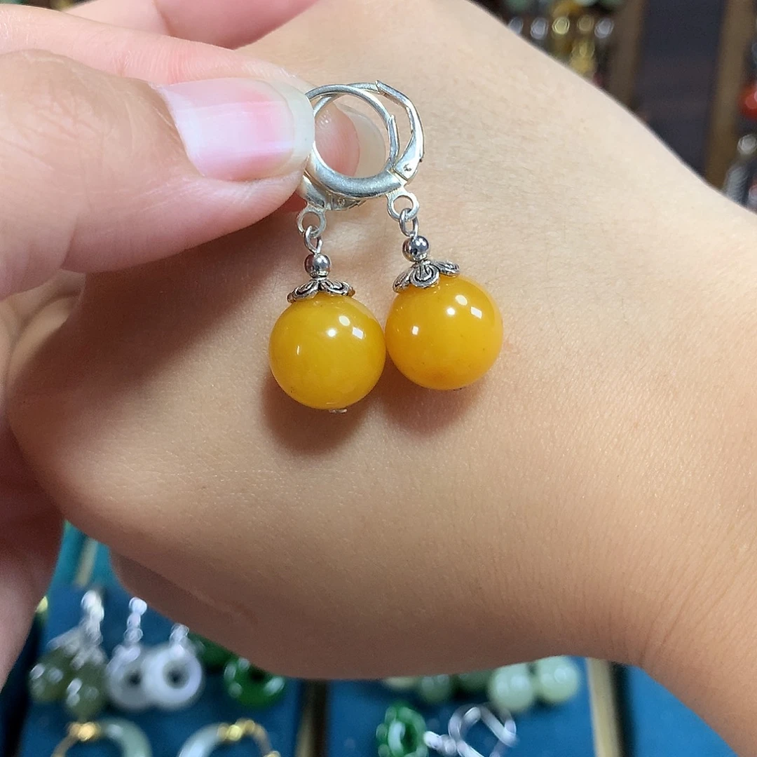 蜜蜡银S925镶嵌耳饰卡12左右
