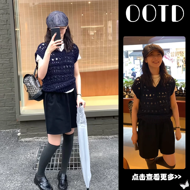 早秋流行穿搭一整套女2025新款韩版针织马甲T恤百搭短裤三件套