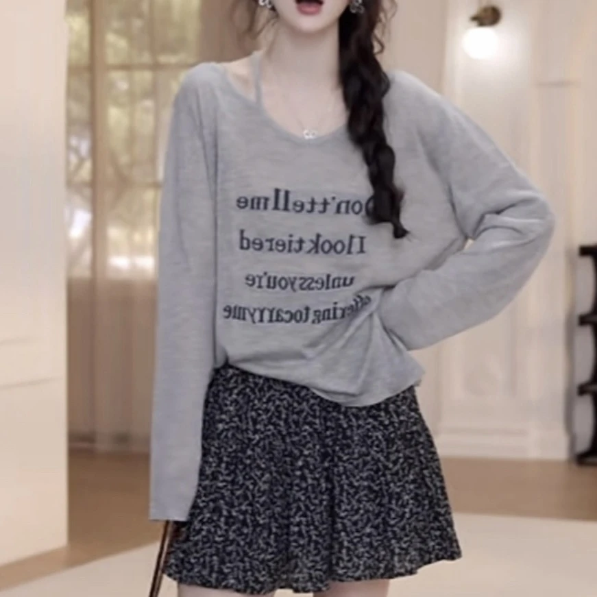 夏季新款薄款字母挂脖长袖防晒T恤女设计感时尚高级显瘦宽松上衣