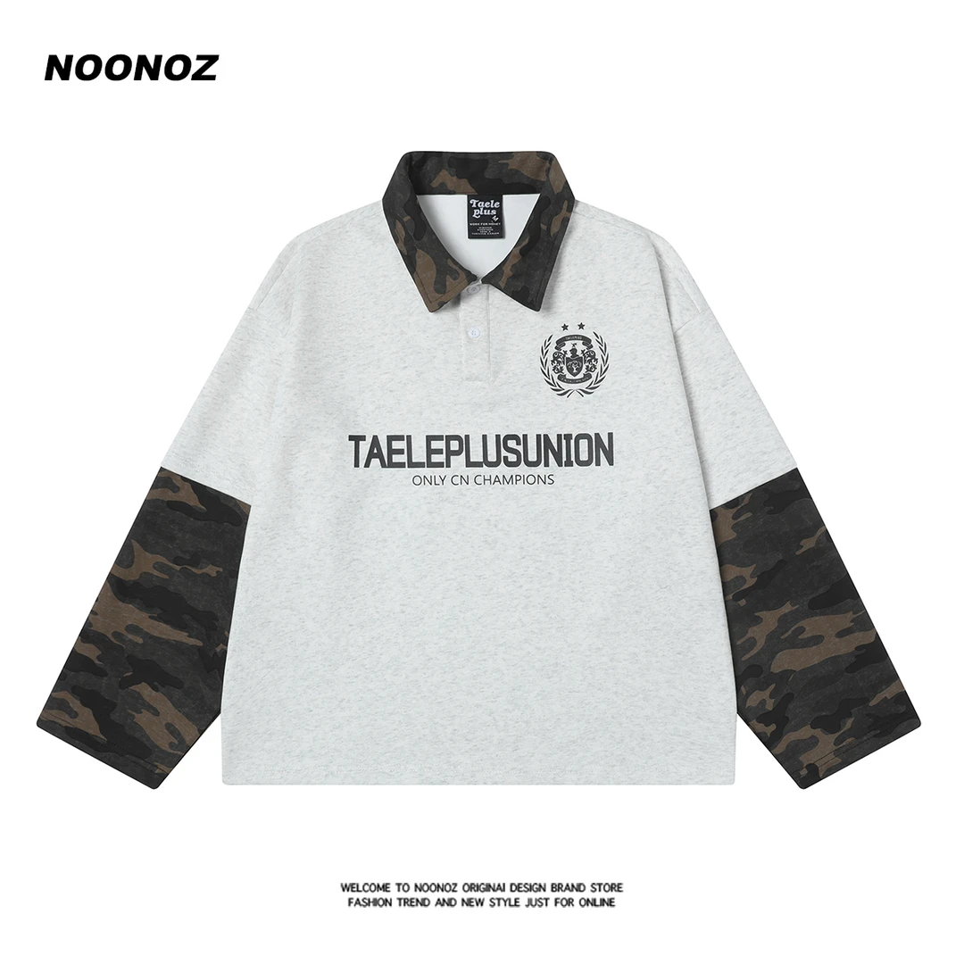 NOONOZ潮牌美式迷彩假两件POLO衫男新款复古高级感宽松长袖上衣
