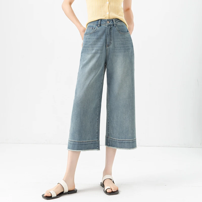 天丝牛仔裤女夏薄款毛边阔腿裤女2025新款显瘦小个子超好看八分裤