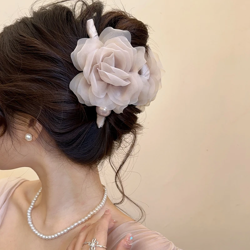 浪漫玫瑰花韩系优雅气质大花朵抓夹女后脑勺盘发鲨鱼夹半扎发头饰