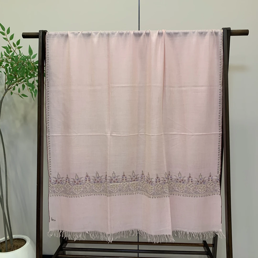 匠艺Kashmir Loom品牌pashmina羊绒克什米尔手工刺绣粉色边框披肩