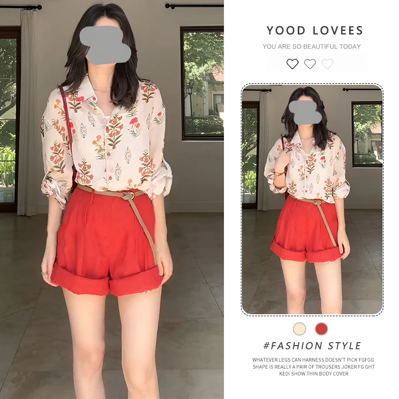 2025夏季小众时髦微透设计感碎花衬衫翻边两穿高腰短裤复古两件套