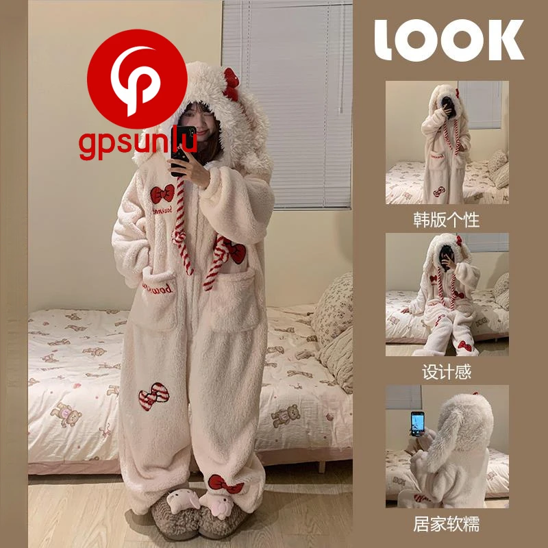 GPsunlu暖呼呼冬天可爱卡通珊瑚绒保暖连体睡衣女秋冬季家居服