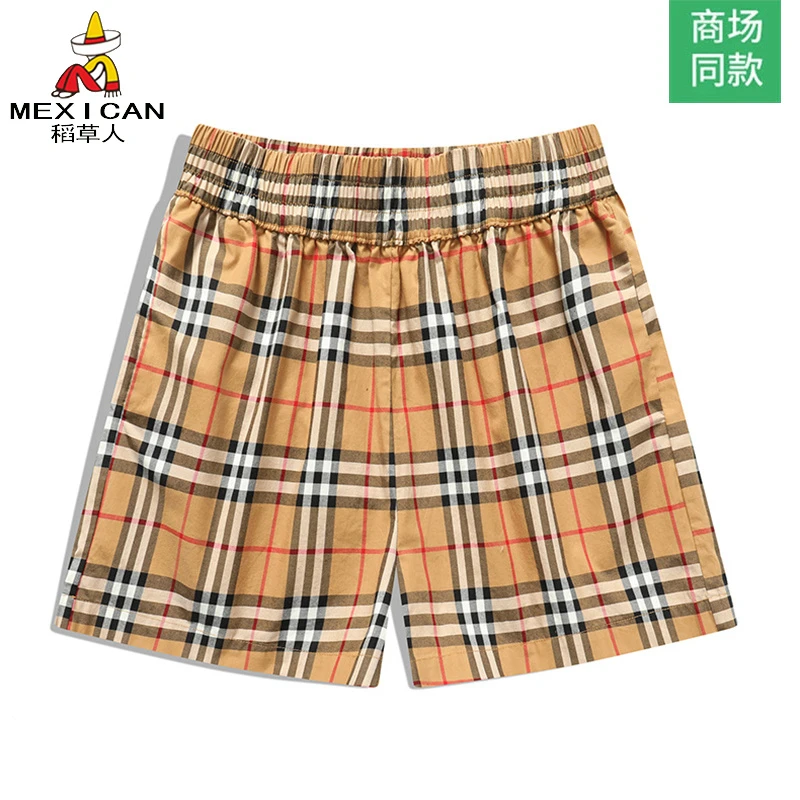 稻草人2025新款纯棉短裤情侣款沙滩裤运动夏季宽松格子裤薄款潮流