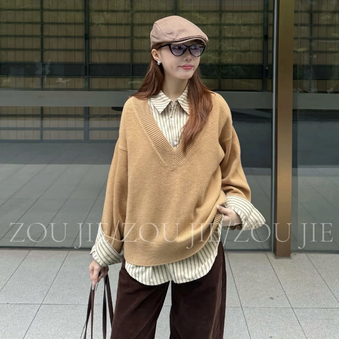 韩国V领假两件拼接衬衣毛衣套头针织衫慵懒风高级感上衣