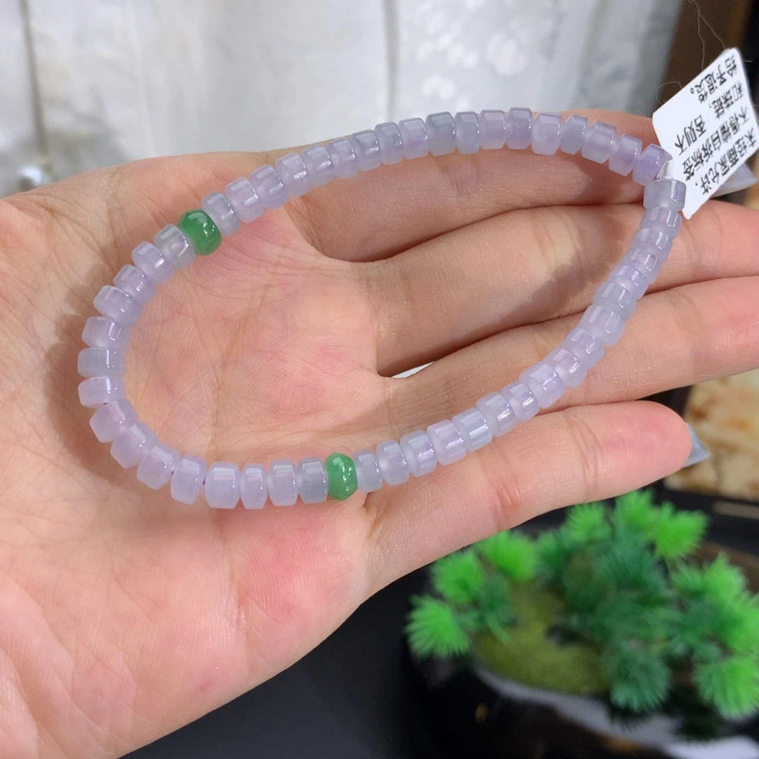翡翠未镶嵌手串卡5冰胶淡紫桶珠手串
