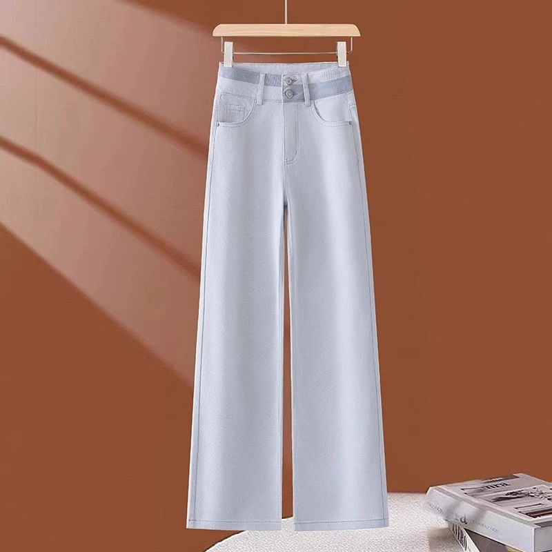 莫兰迪灰窄版阔腿牛仔裤女春秋2025新款高腰宽松垂感休闲直筒裤子