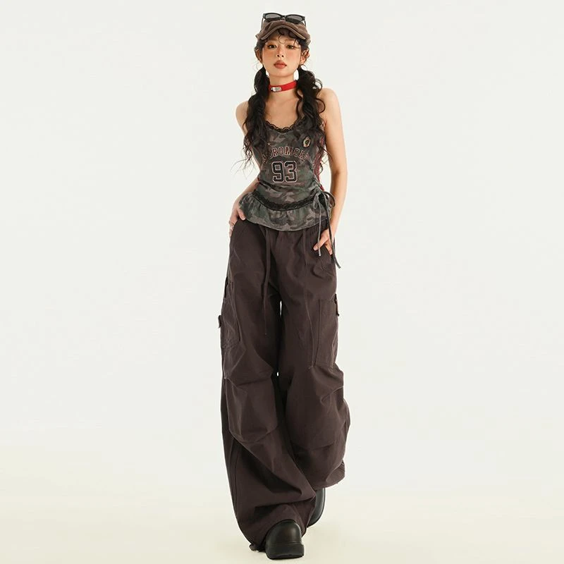 棕色复古休闲工装裤女2025春季新款松紧抽绳