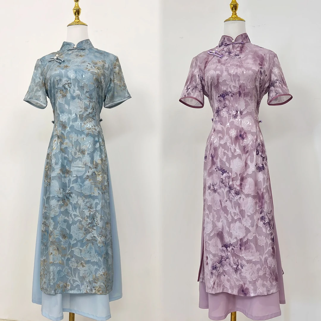 0301-（昭华）夏季双层改良奥黛群透气轻薄大裙摆旗袍