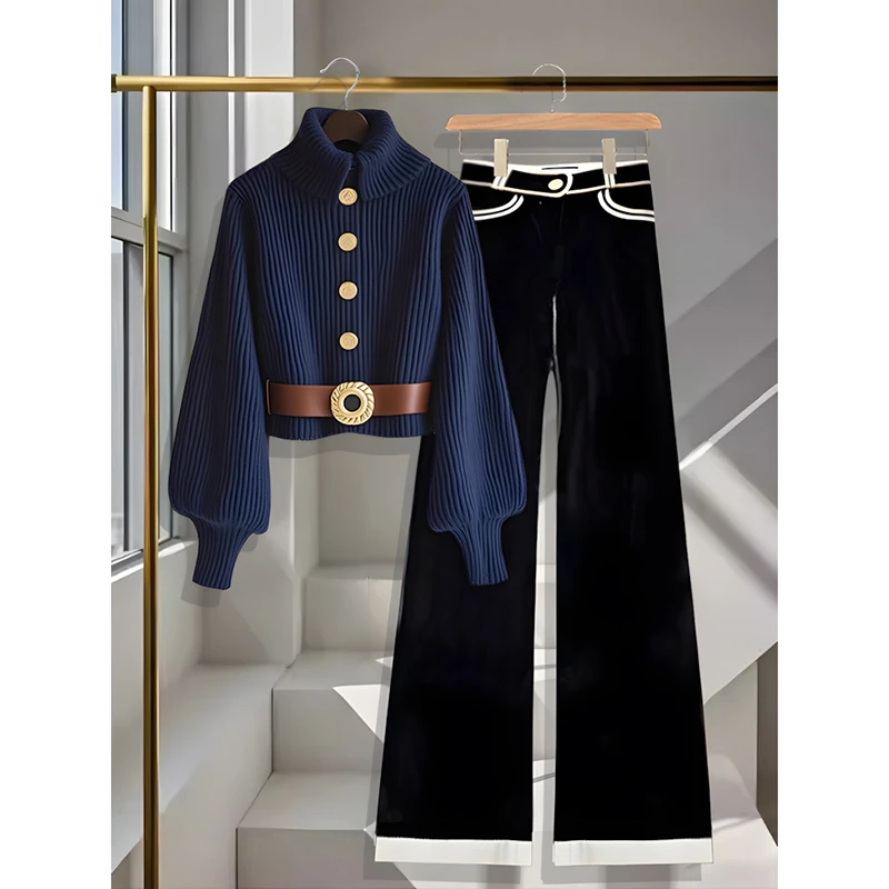 套装女2025秋季爆款法式轻奢蓝色高级感针织上衣休闲慵懒阔腿裤子