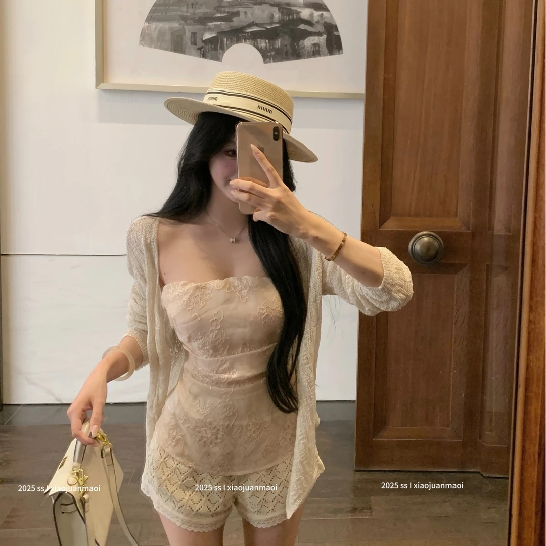 甜辣妹性感重工刺绣蕾丝双层祥云纹捏褶抹胸女夏修身短款休闲上衣