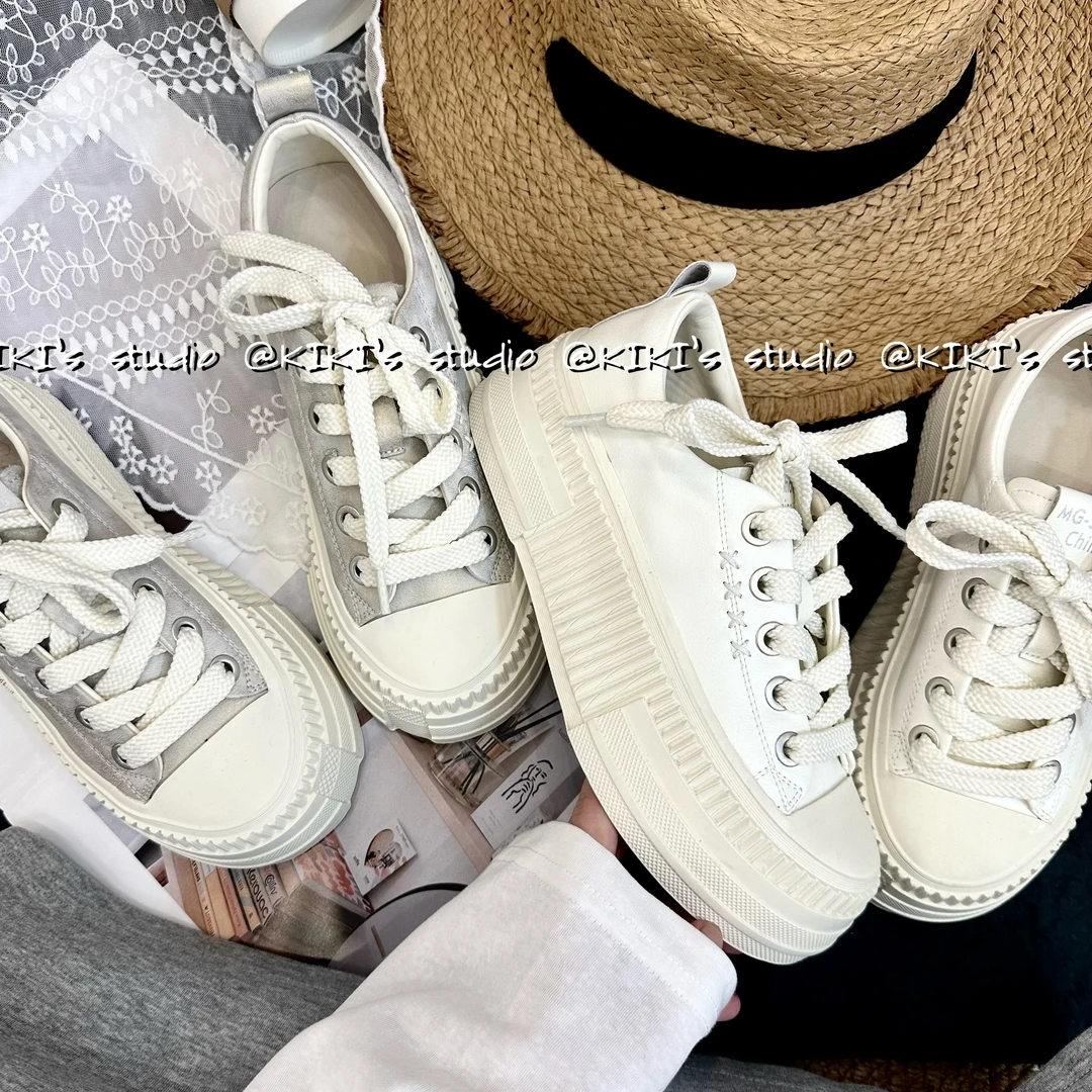 ‘布兰妮’+5CM｜韩版齿轮底饼干鞋真皮小白鞋厚底增高板鞋【KIKI】