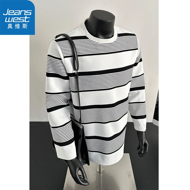 真维斯美式条纹拼色圆领长袖T恤设计感高级休闲卫衣男内搭上衣潮