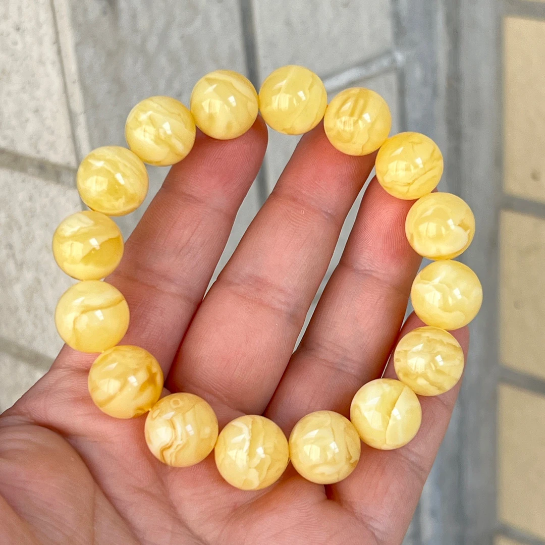 13mm+天然俄料满蜡黄白妖花琥珀蜜蜡圆珠手串 22.76