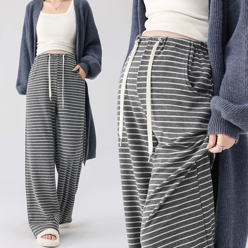 孕妇条纹阔腿裤子春秋款秋季外穿2025新款抽绳无托腹显瘦孕期长裤