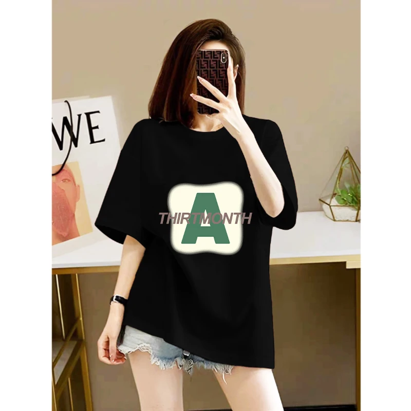 黑色字母短袖t恤女2025春夏新款宽松显瘦纯棉正肩设计感图案上衣