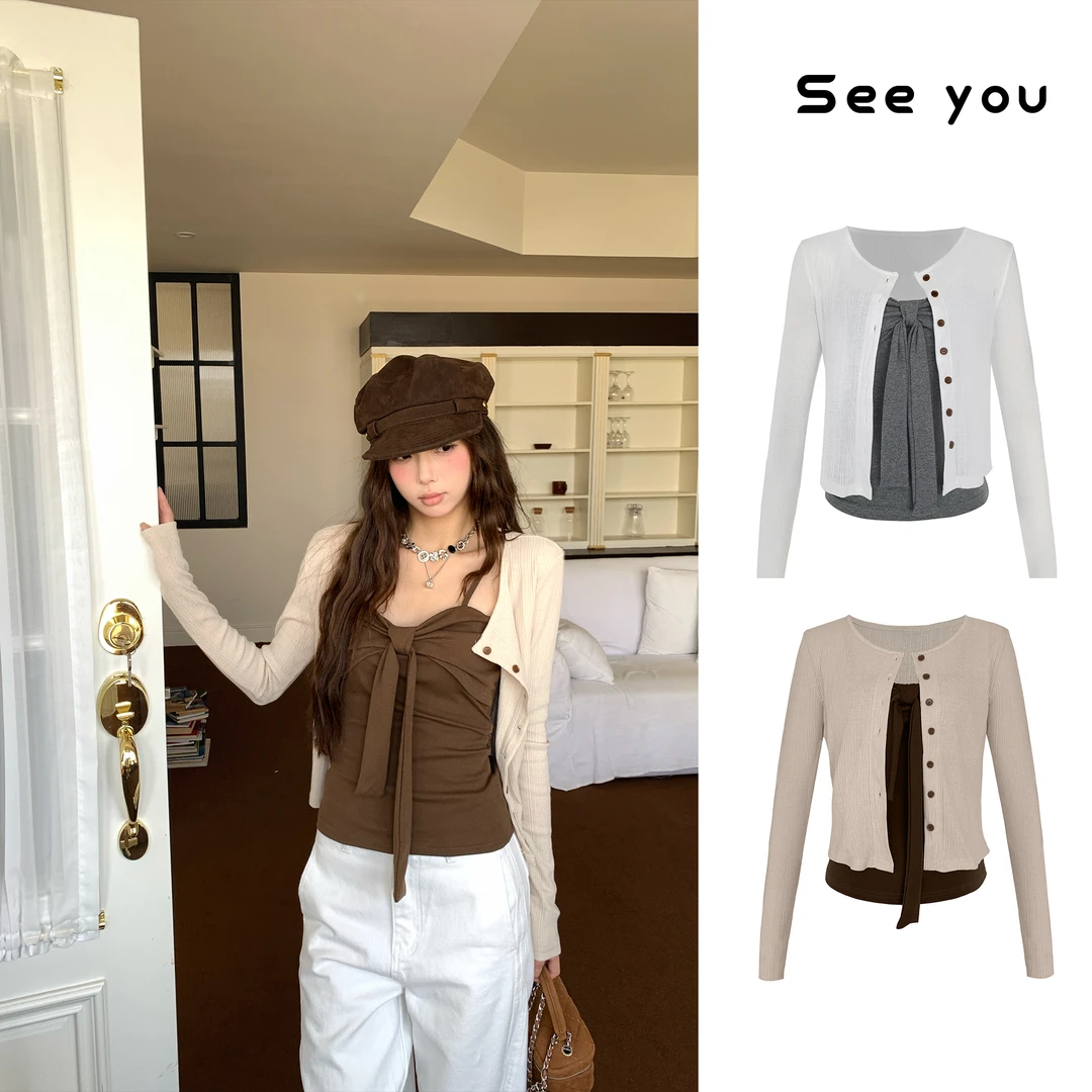 蝴蝶结设计吊带内搭背心+针织开衫薄款短款外套A3878+ A3879