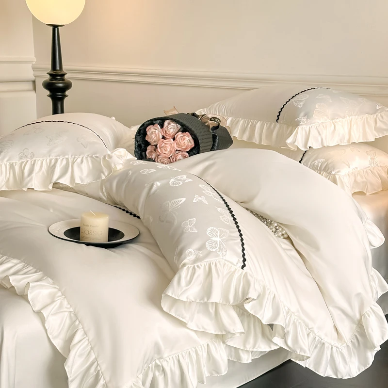 韩式公主风夏季水洗冰丝床单四件套轻奢丝滑裸睡床单被套夏天凉感