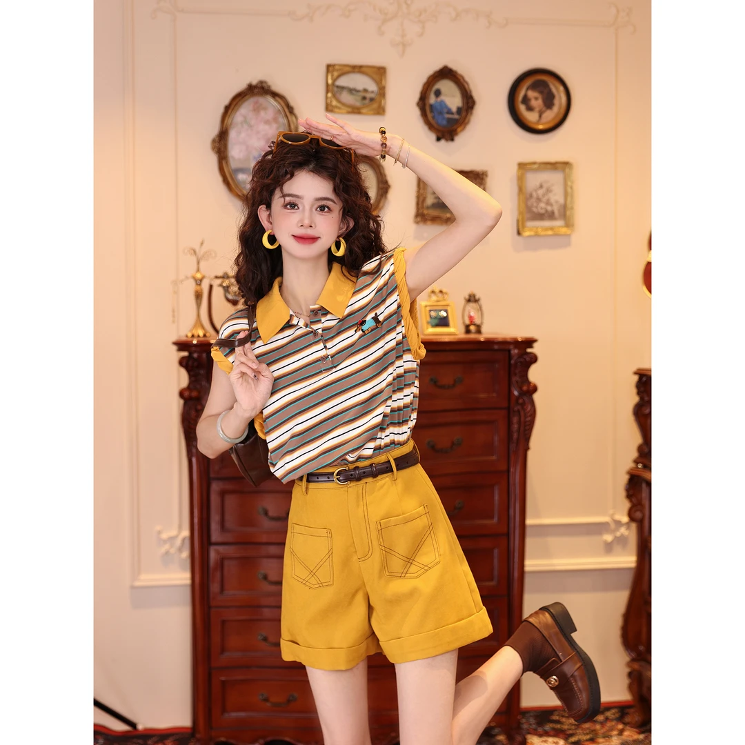 陈大器【日落星海】复古POLO领条纹短袖女t恤休闲宽松上衣JP1666206