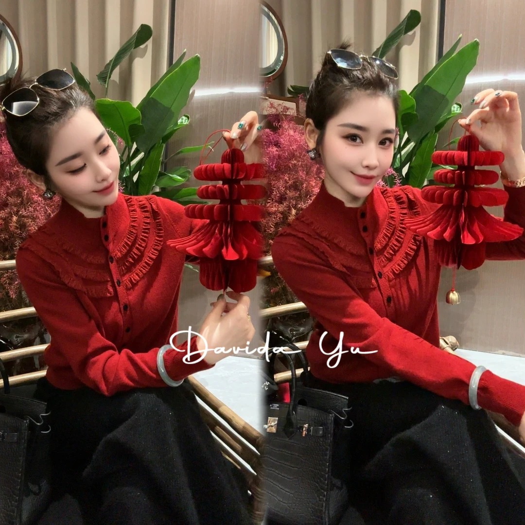 Davida Yu【麦穗】2025新款全羊毛木耳边长袖显瘦针织衫开衫91159