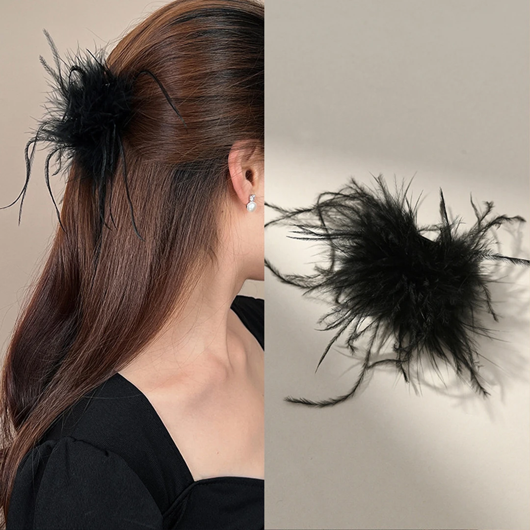 羽毛抓夹鸵鸟毛发夹后脑勺发饰鲨鱼夹2025新款高端ins风毛毛发卡