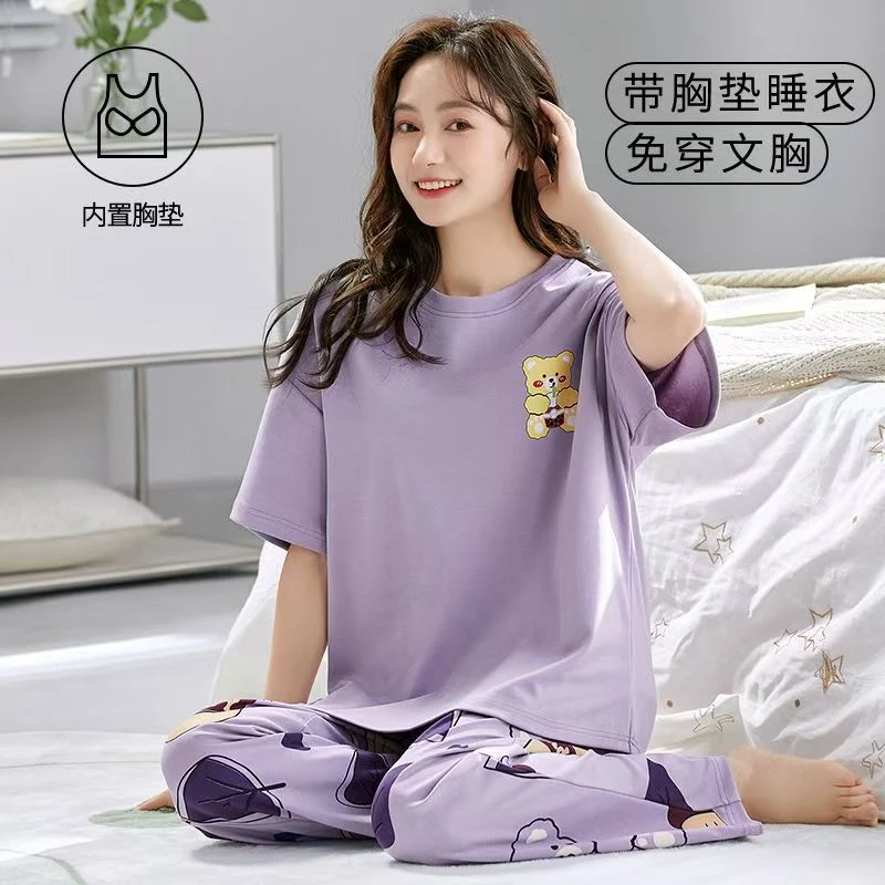 带胸垫睡衣套装女2025新款卡通图案短袖长裤夏款休闲家居服夏季薄