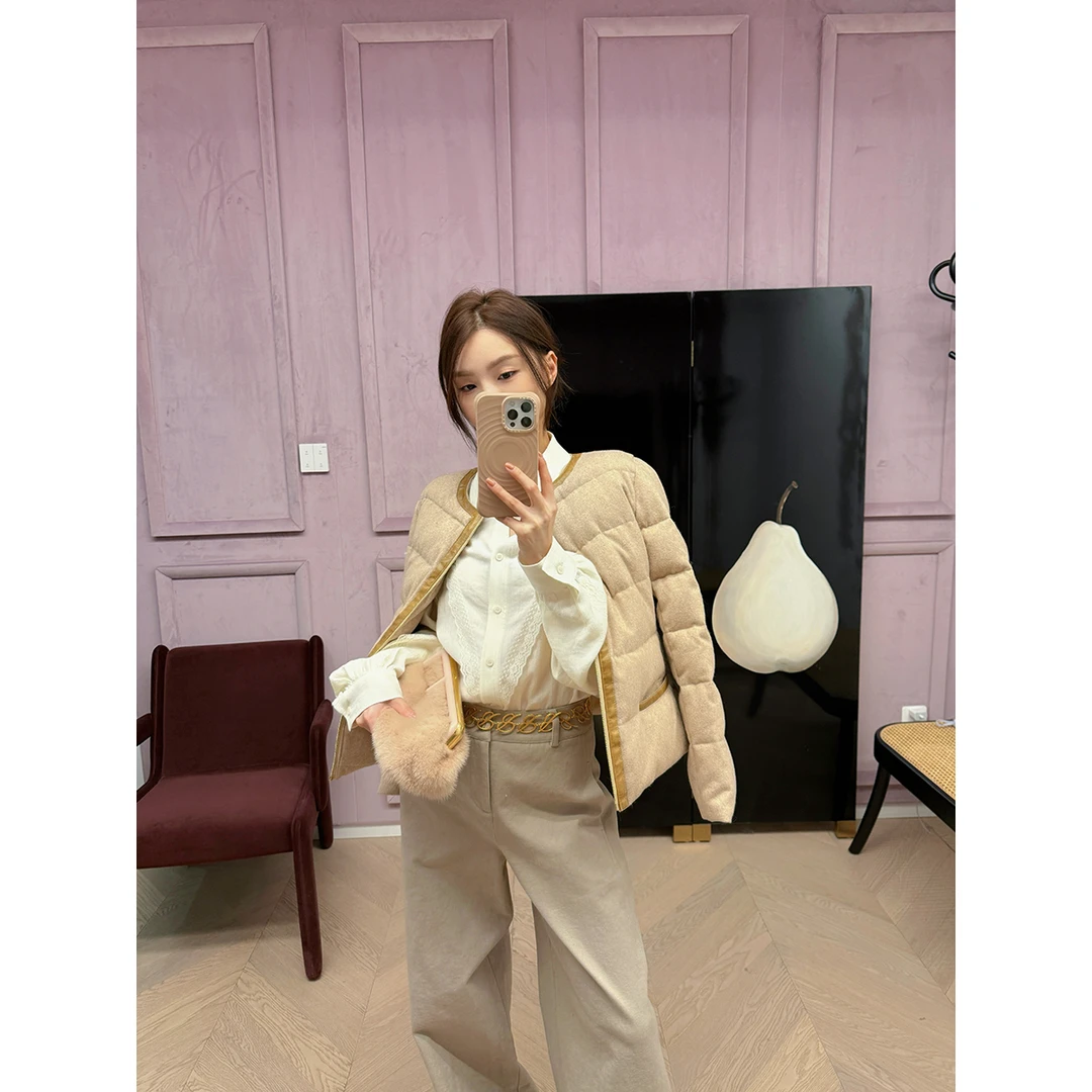 FORNI 都是女人 拼皮羽绒服外套圆领轻奢气质90白鸭绒外套