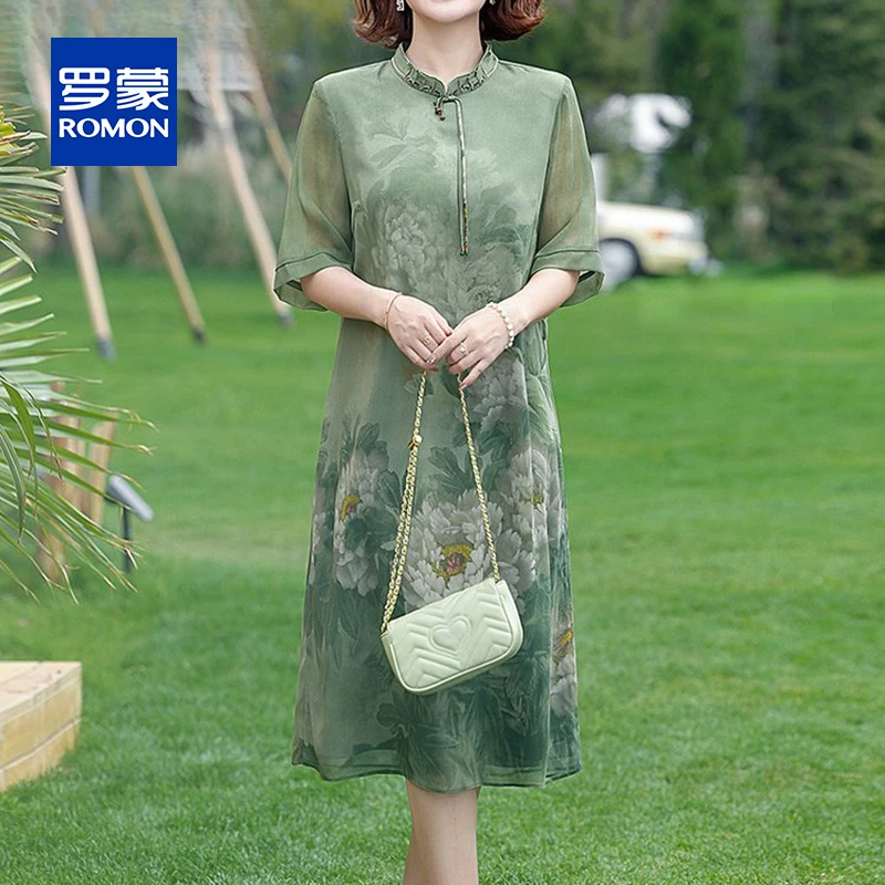 罗蒙中年妈妈夏装旗袍连衣裙洋气中老年女装短袖中国风雪纺裙子