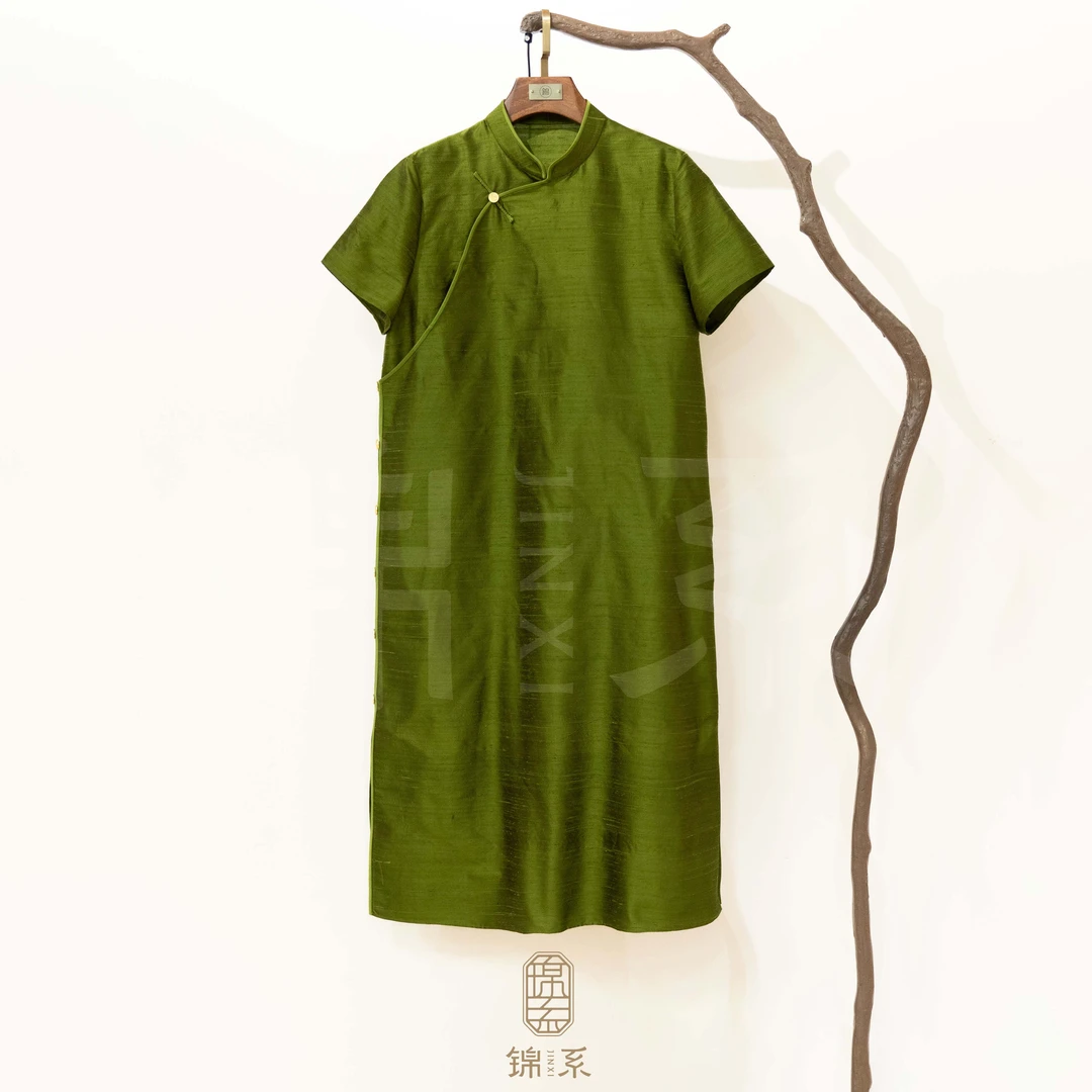 【锦系】真丝双宫新中式国风桑蚕丝立领斜襟短袖连衣裙L-383013