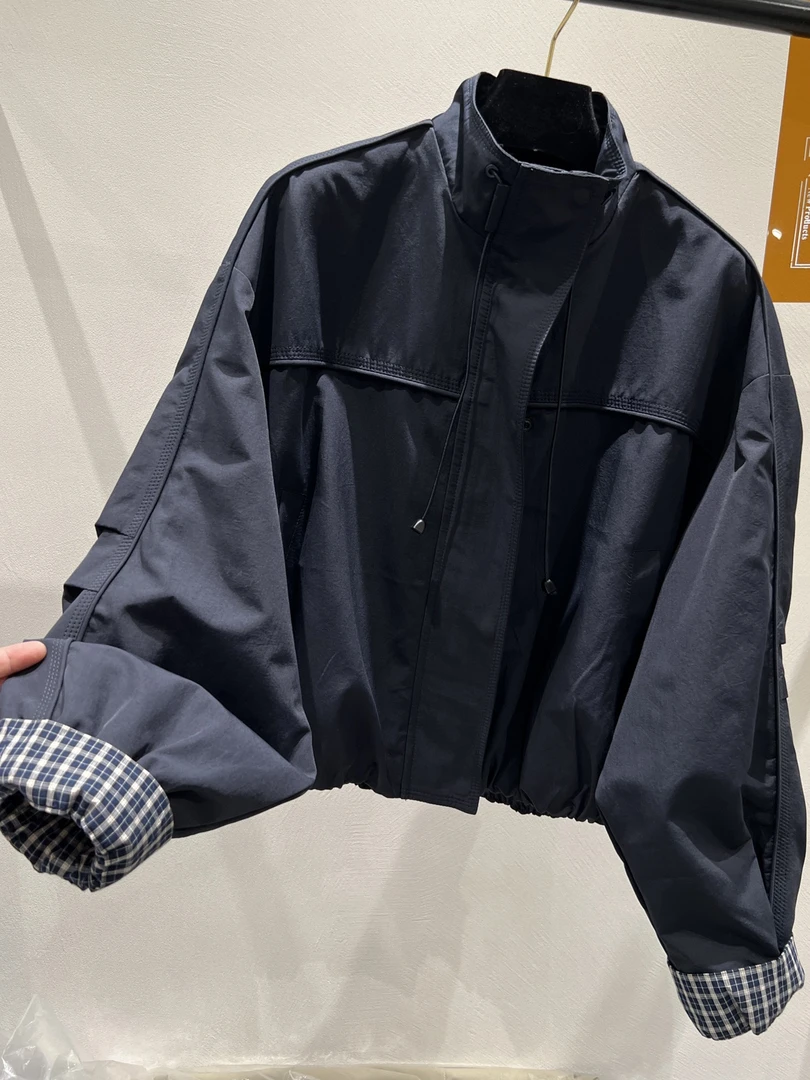 1049高端欧货秋季新款立领格子撞色时尚夹克冲锋衣短外套女上衣