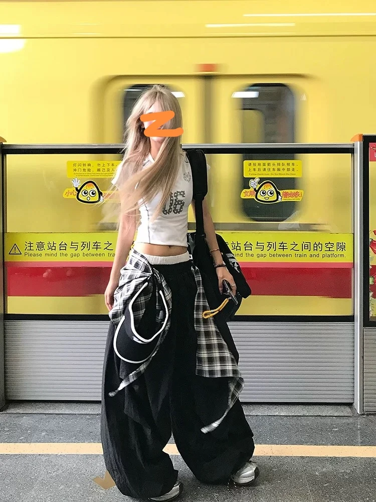 花生酱 美式嘻哈街舞叠穿可拆卸阔腿裤女宽松垂感休闲拖地长裤