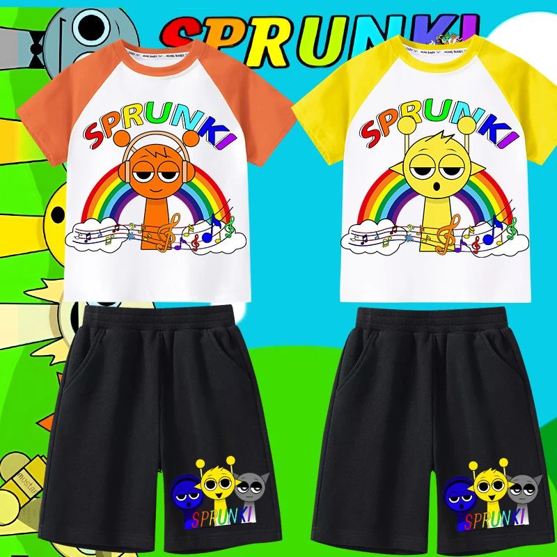 Sprunki节奏音乐新款盒子儿童纯棉衣服女童T恤套装上衣纯棉短裤潮