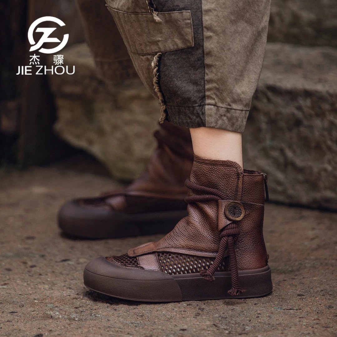 杰骤春夏马丁靴女真皮厚底网面透气镂空短靴头层牛皮软底百搭凉靴