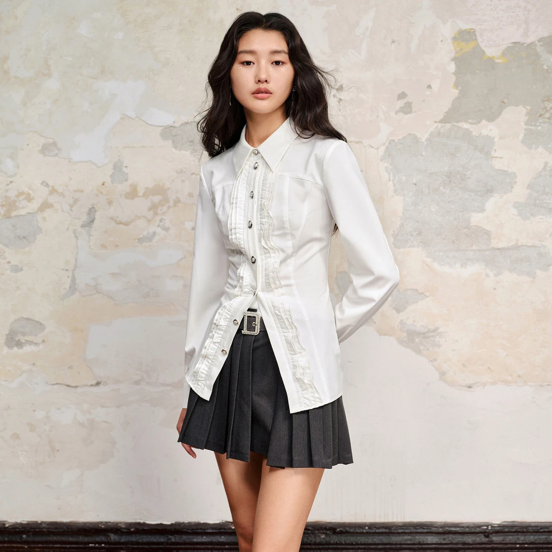 【蜜思仝】MAXRIENY宫廷感收腰荷叶边衬衫修身上衣