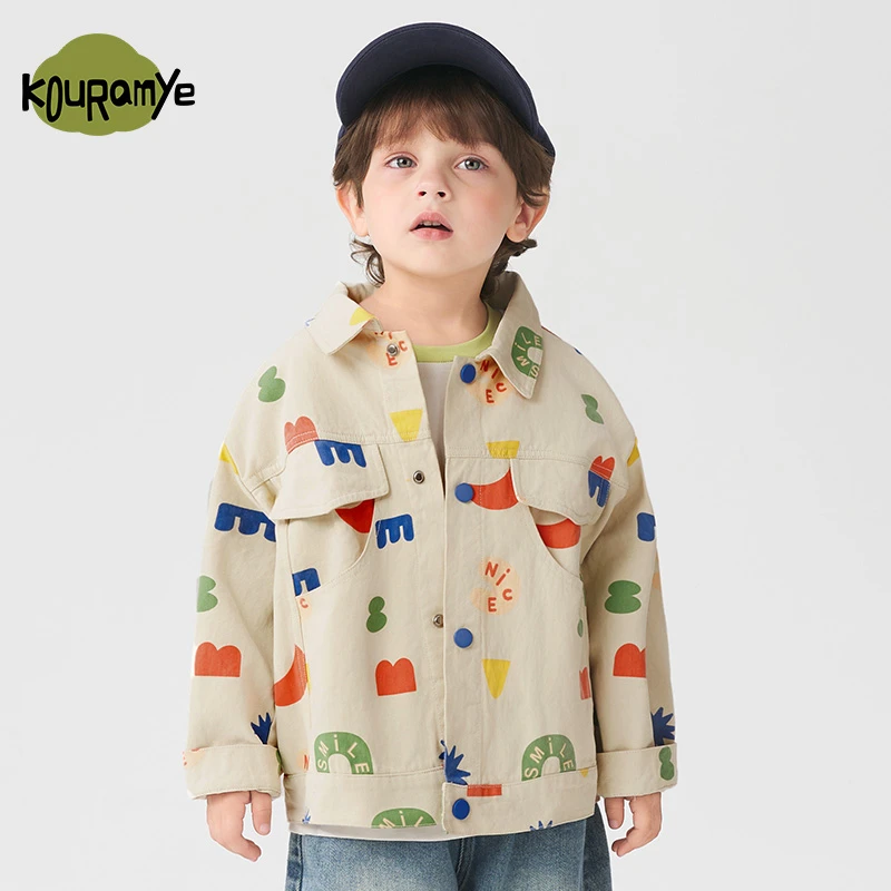 酷娃米2025年秋季新款中小童字母涂鸦印花翻领大口袋外套20886