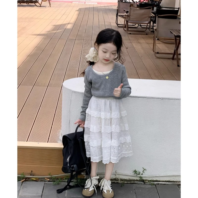 女童春装套装2025新款儿童假两件针织衫裙子两件套千金miu系穿搭